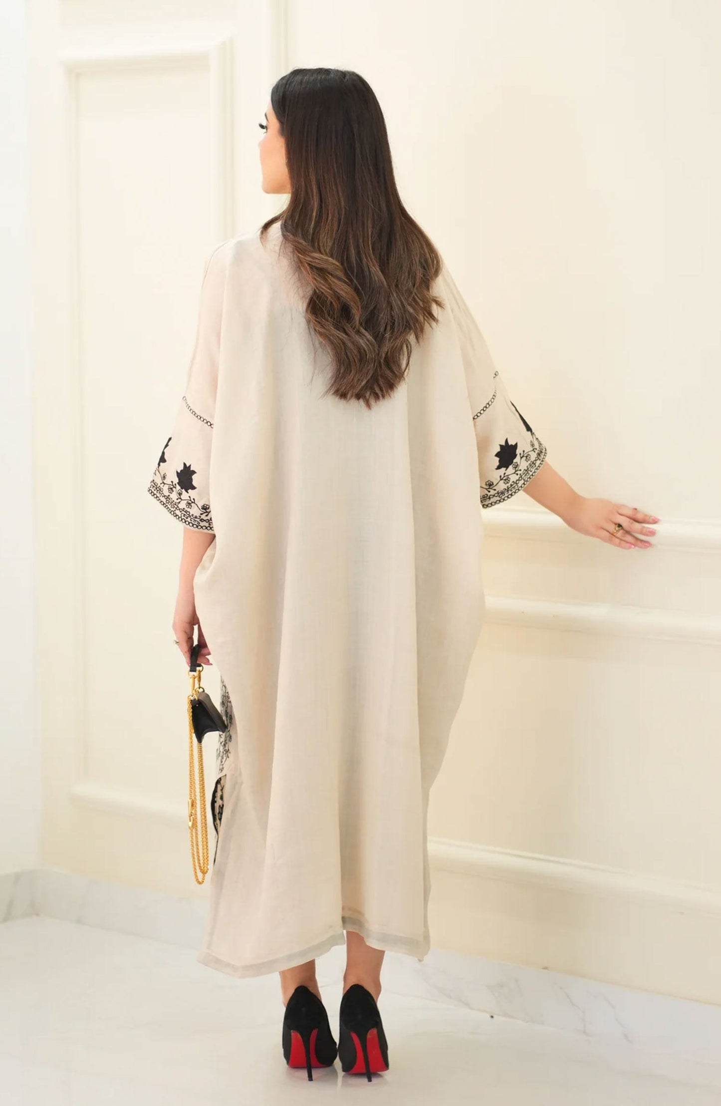Luna Edit By Hues Atelier Embroidered Silk Stitched 1 Piece - Pashmina Kaftan - HA25L - Festive Collection