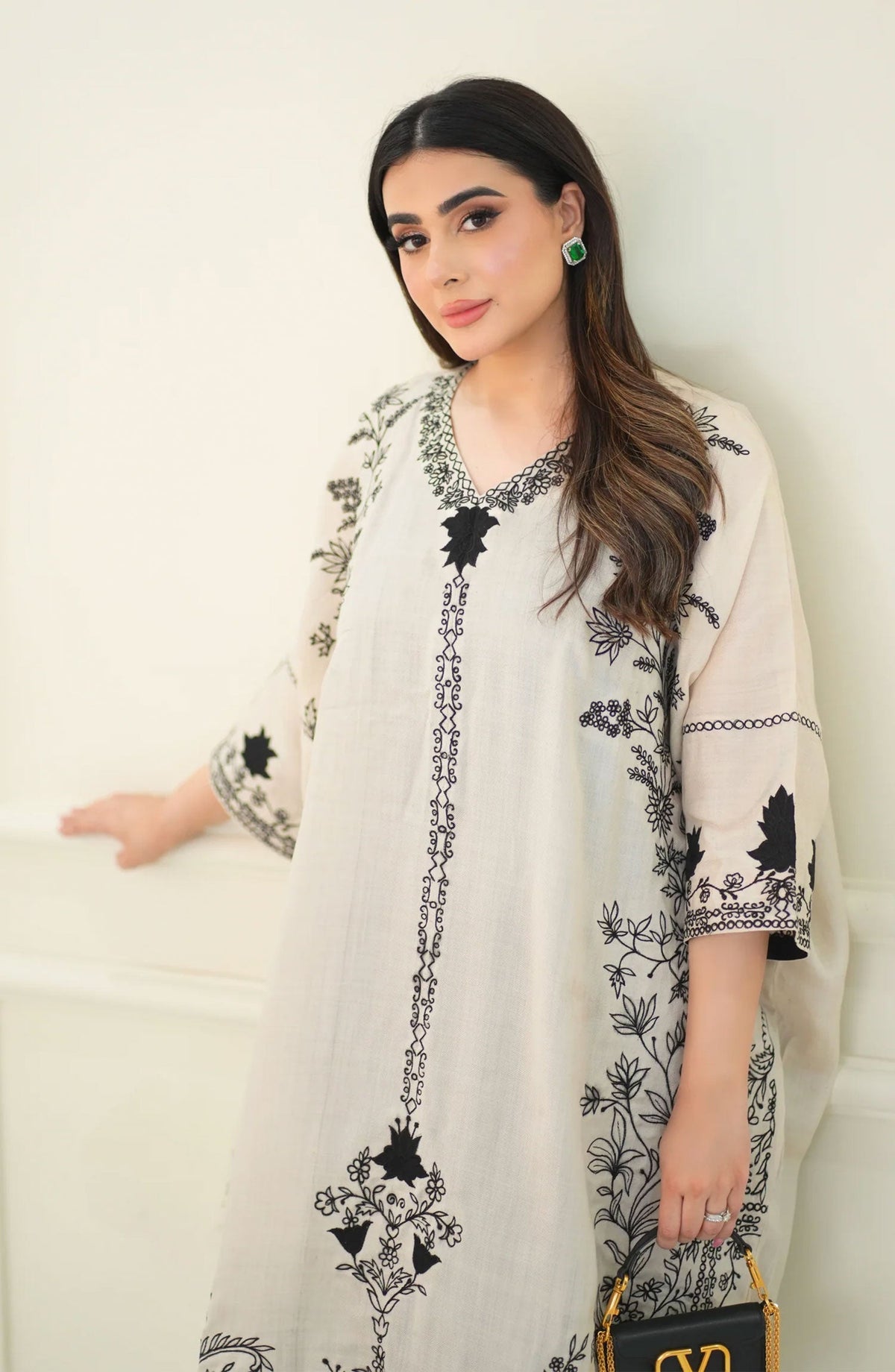 Luna Edit By Hues Atelier Embroidered Silk Stitched 1 Piece - Pashmina Kaftan - HA25L - Festive Collection