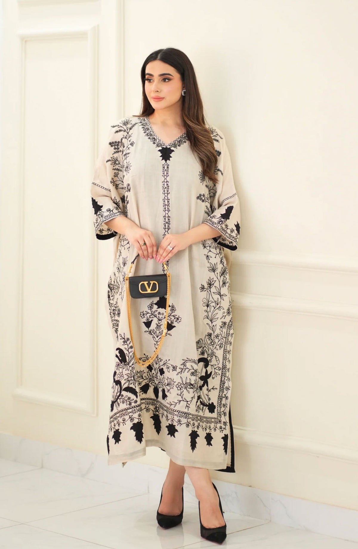 Luna Edit By Hues Atelier Embroidered Silk Stitched 1 Piece - Pashmina Kaftan - HA25L - Festive Collection