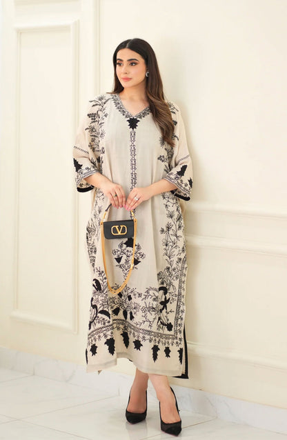 Luna Edit By Hues Atelier Embroidered Silk Stitched 1 Piece - Pashmina Kaftan - HA25L - Festive Collection