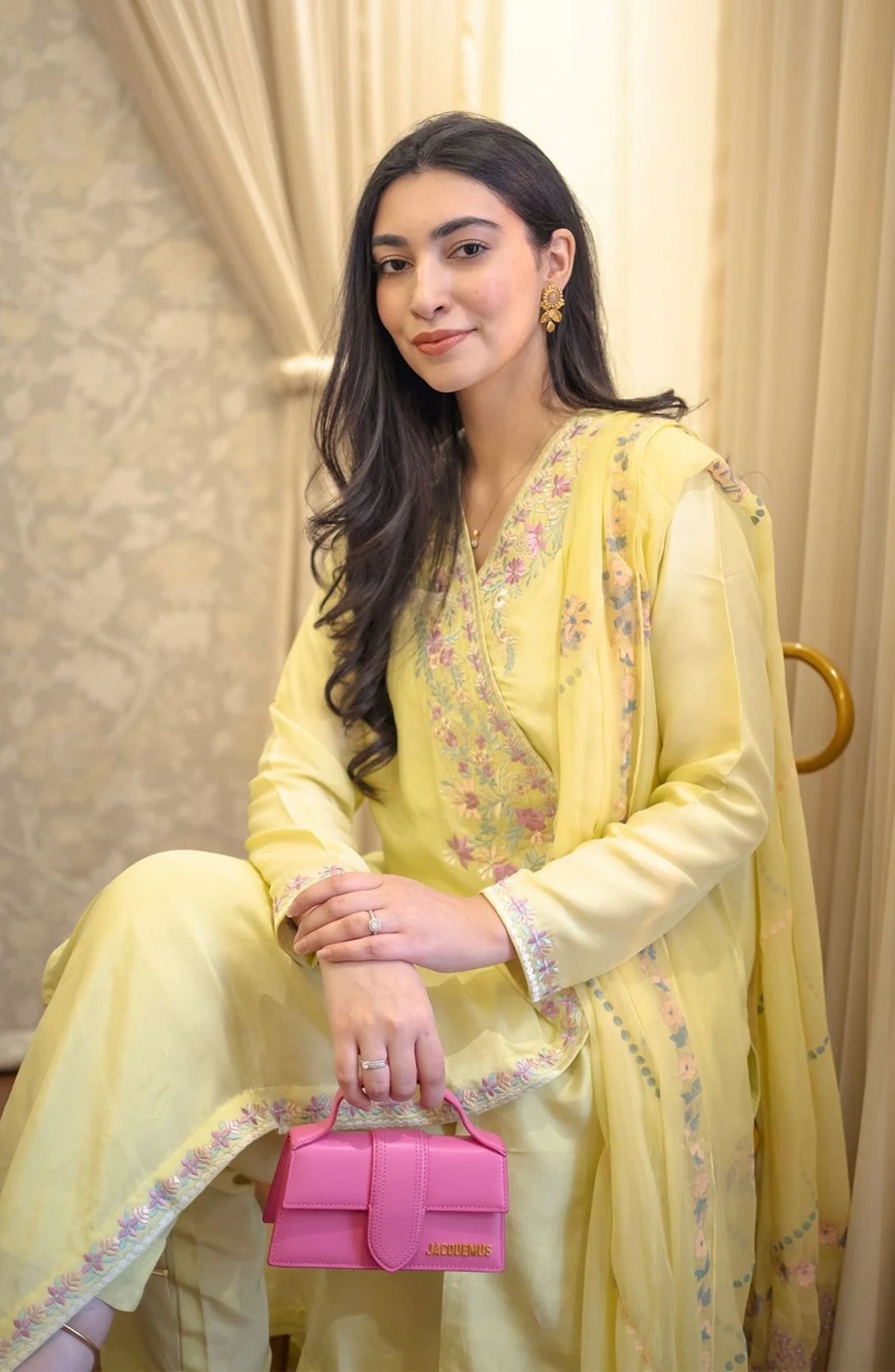 Luna Edit By Hues Atelier Embroidered Korean Raw Silk Stitched 3 Piece - Pastel Lemon - HA25L - Festive Collection