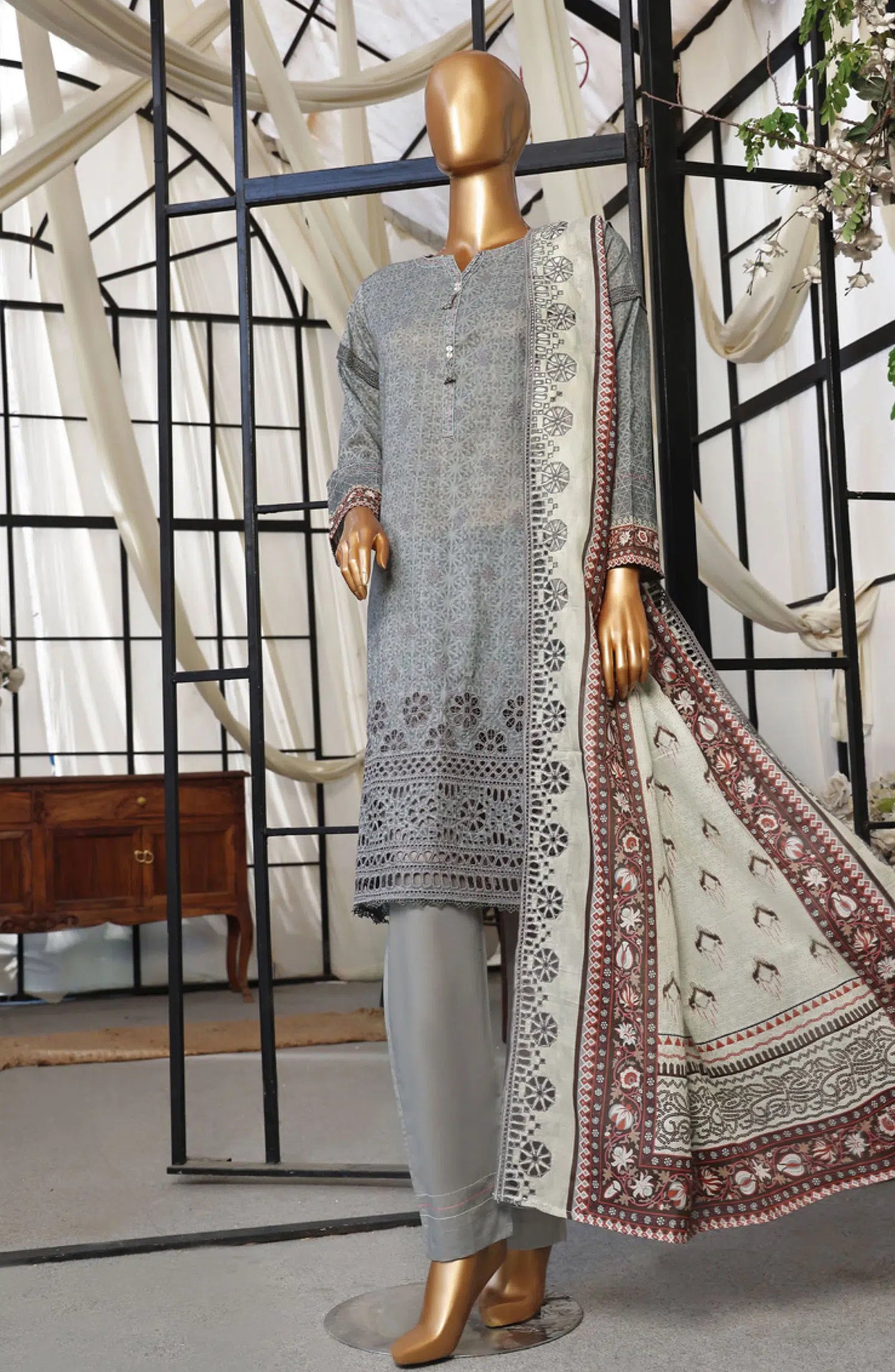 HZ RTW Printkari Embroidered Dupatta Collection - PCL-404 GREY