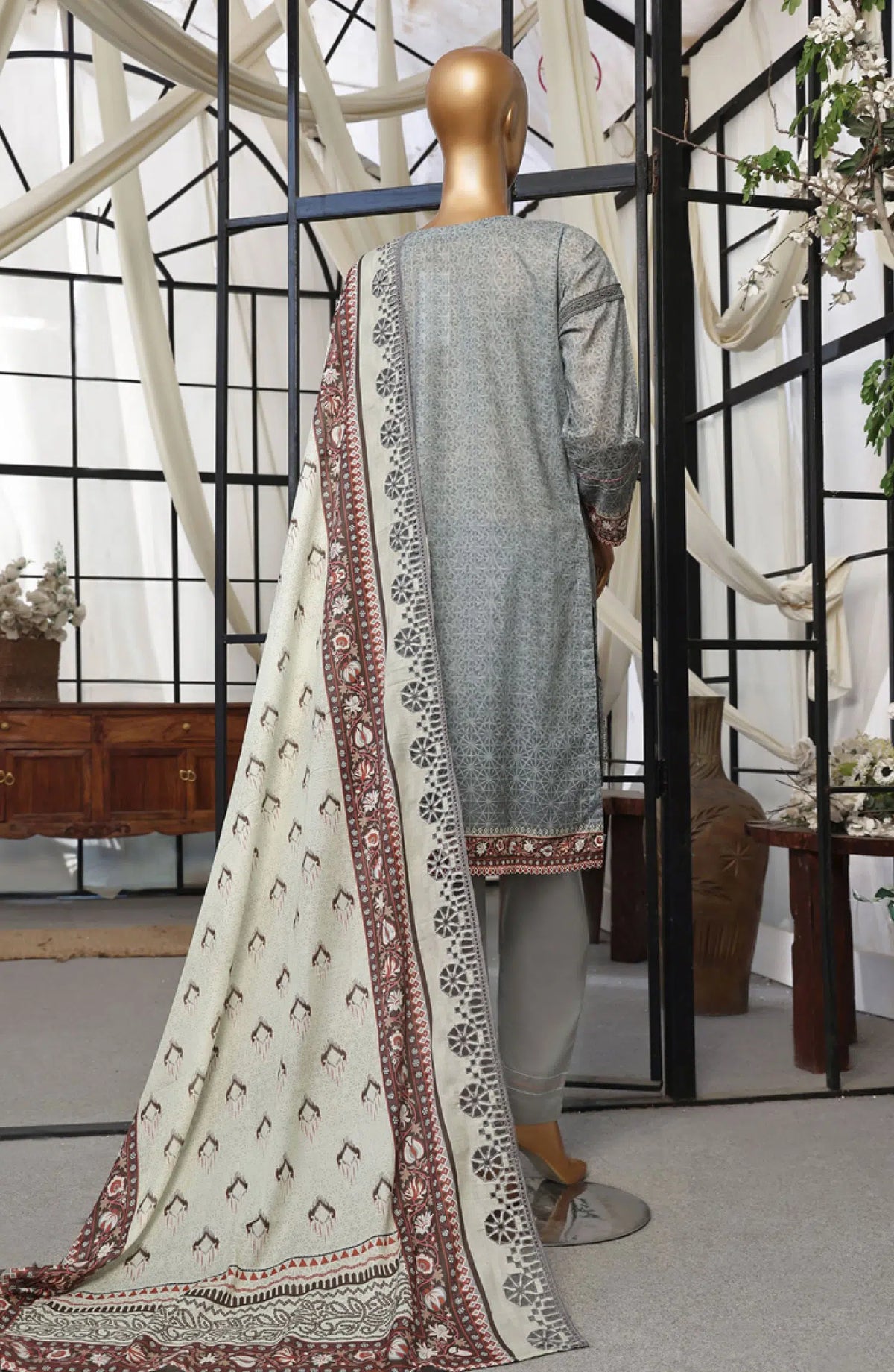HZ RTW Printkari Embroidered Dupatta Collection - PCL-404 GREY