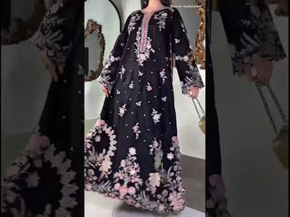 ETHNC Luxury Floral Embroidered Kaftan – Pure Viscose Raw Silk | Ready to Wear - TC-1764