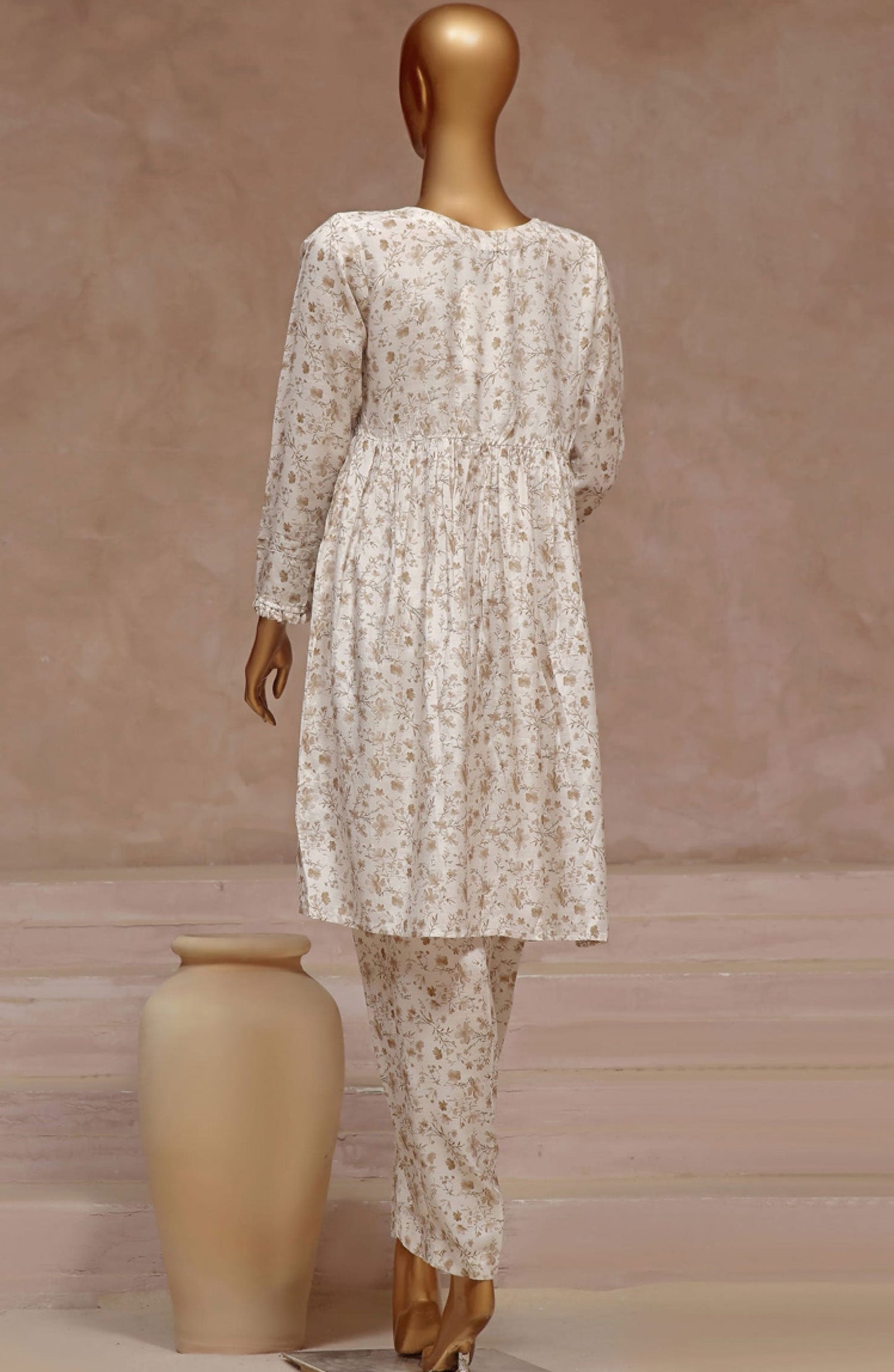 HZ RTW Florence Printed Raw Silk 2 Pc Frocks Collection - PRF-101 Vintage IVORY