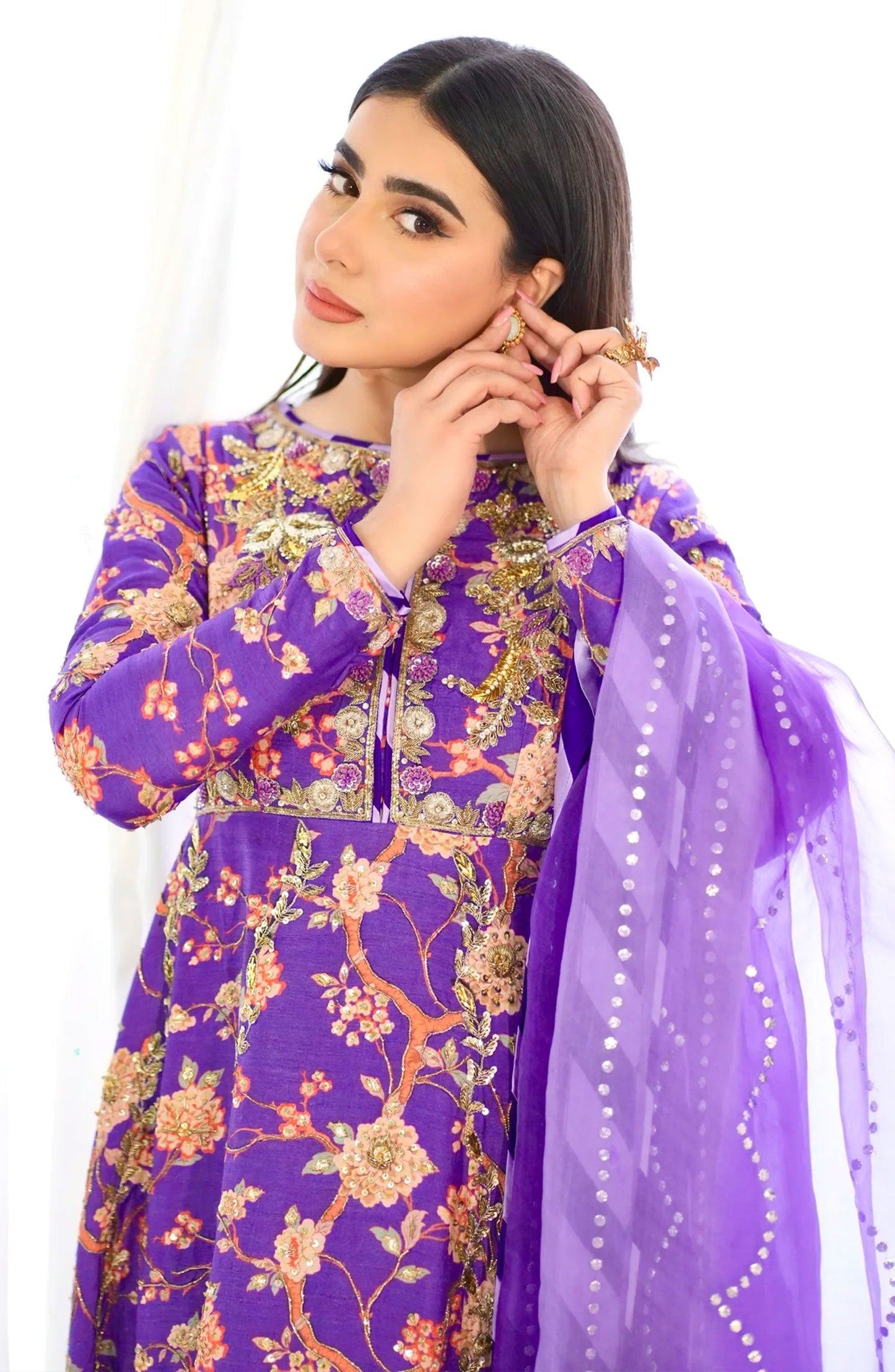 Hues Atelier Embroidered Korean Raw Silk 2 Piece - Purple Printed Pishwas Formal - HA25LF - Blue - Festive Collection