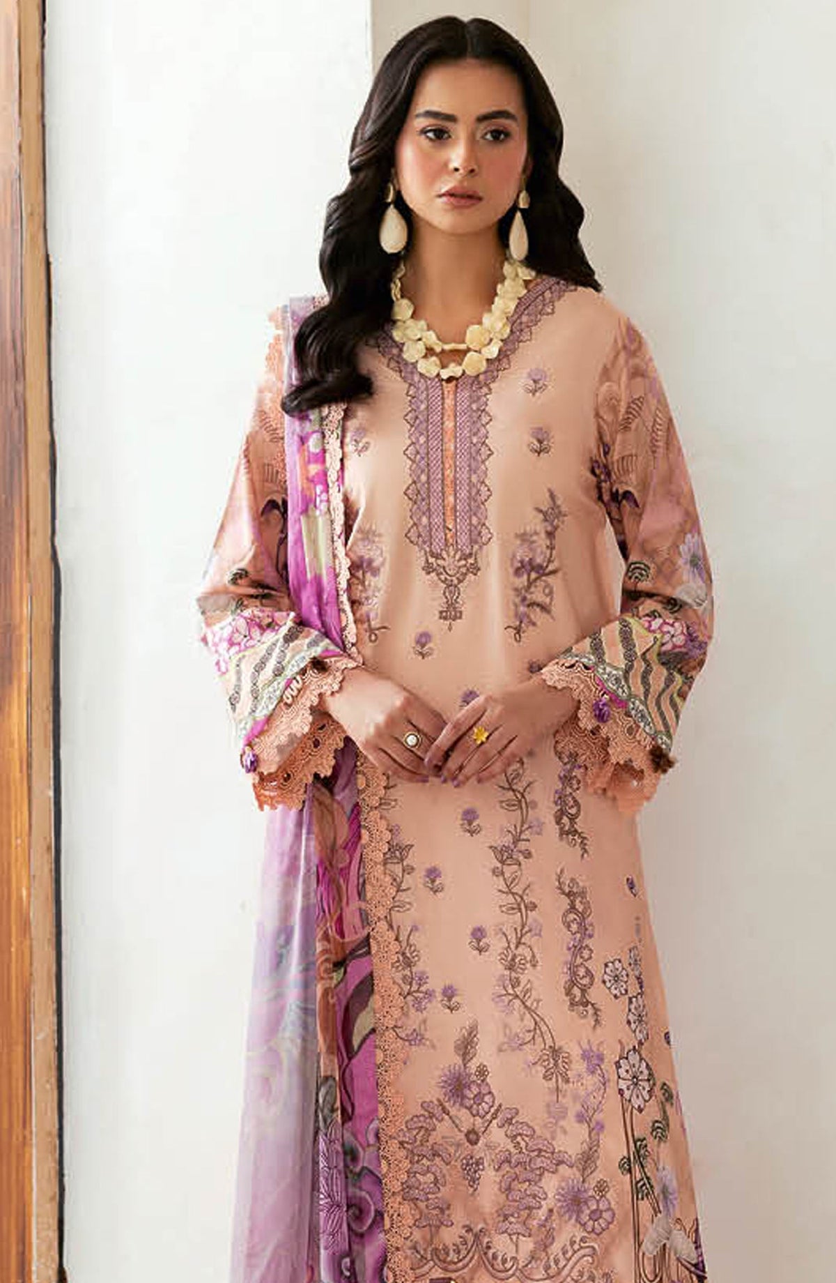 Mashaal by Ramsha Embroidered Lawn Unstitched 3 Piece Suit - Z-1411 - RM25MSHV14 - Peach - Summer Collection