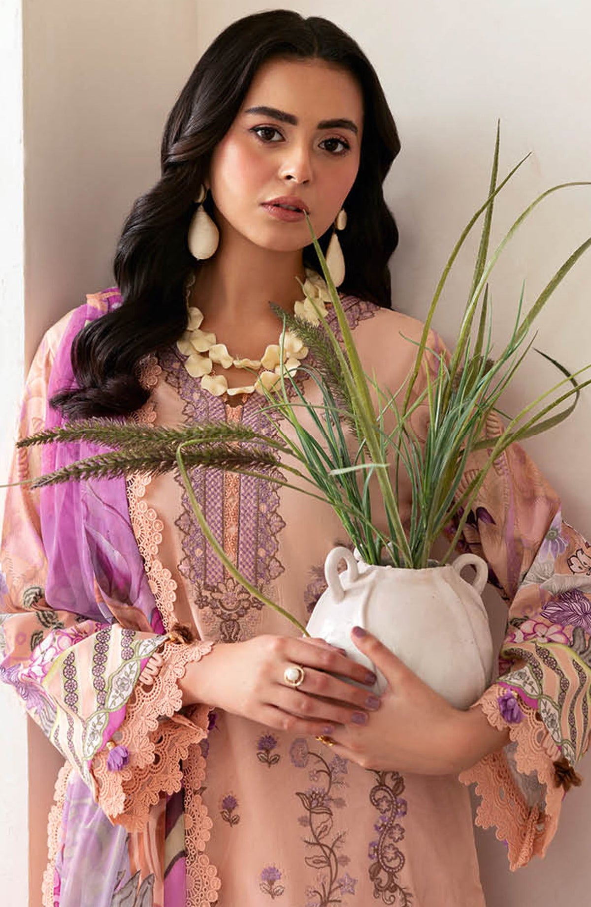 Mashaal by Ramsha Embroidered Lawn Unstitched 3 Piece Suit - Z-1411 - RM25MSHV14 - Peach - Summer Collection