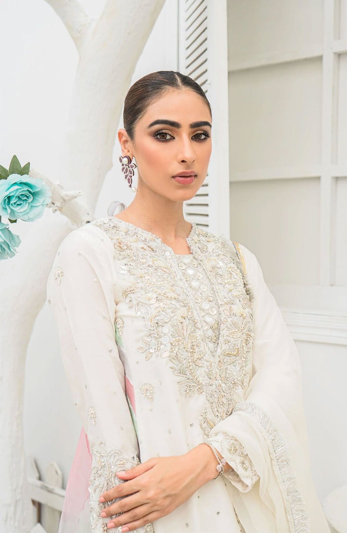 Hues Atelier Embroidered Raw Silk 3 Piece - Rania - HA25LF - White - Festive Collection