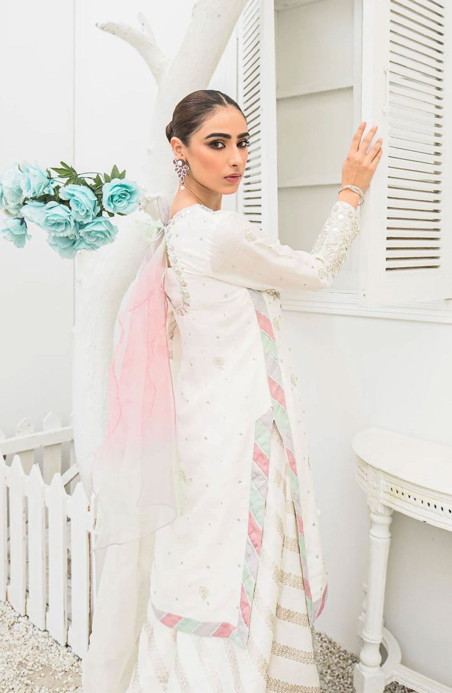 Hues Atelier Embroidered Raw Silk 3 Piece - Rania - HA25LF - White - Festive Collection