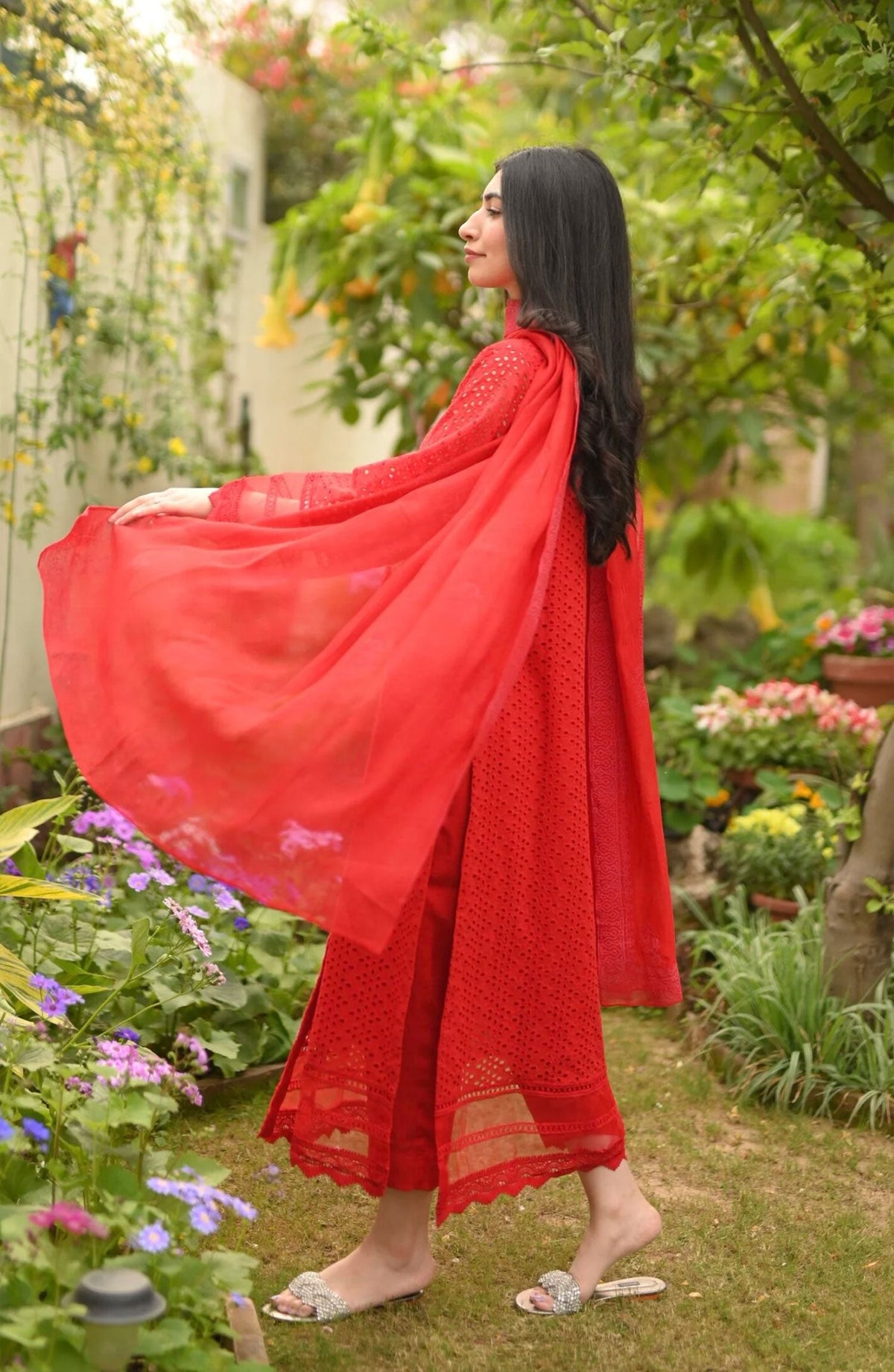 Hues Atelier Casual Chikankari Stitched 2 Piece - Red Chicken Angrakha - HA25BP - Red - Casual Collection