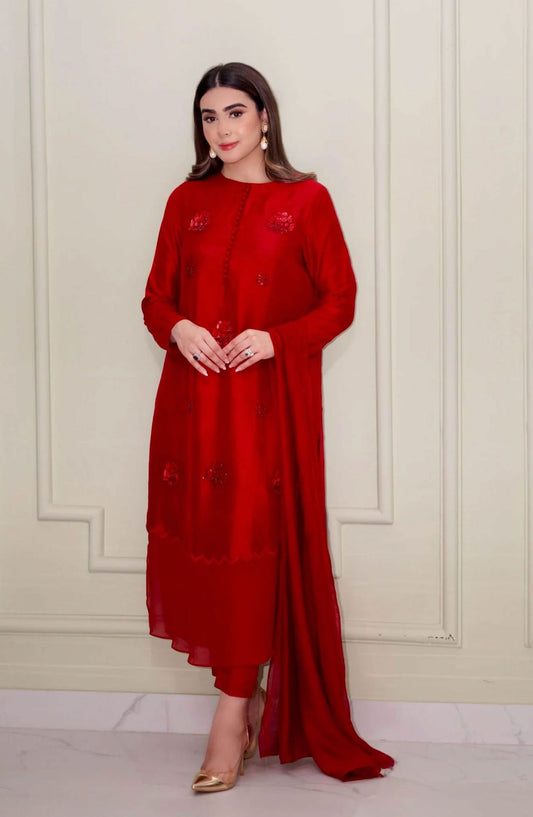 Luna Edit By Hues Atelier Embroidered Korean Raw Silk Stitched 3 Piece - Red Rosette - HA25L - Festive Collection