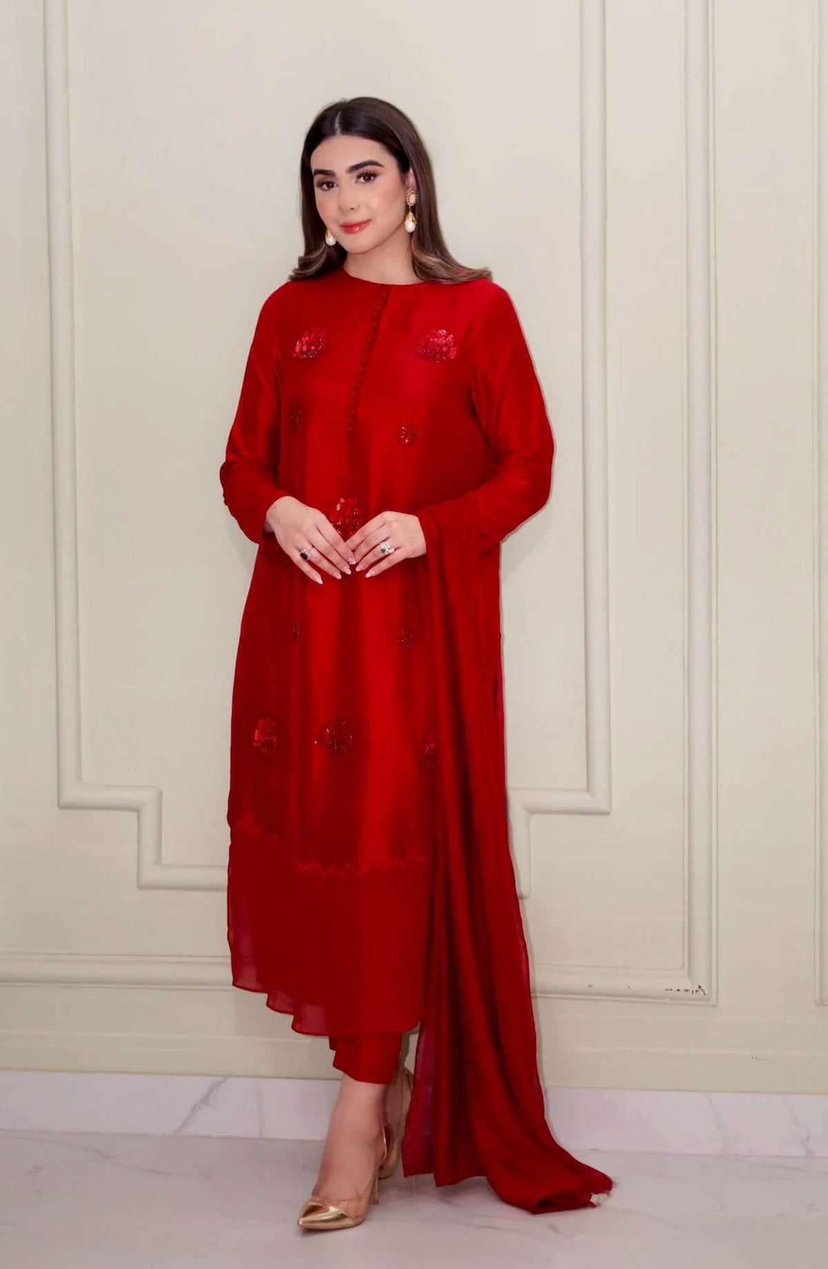 Luna Edit By Hues Atelier Embroidered Korean Raw Silk Stitched 3 Piece - Red Rosette - HA25L - Festive Collection