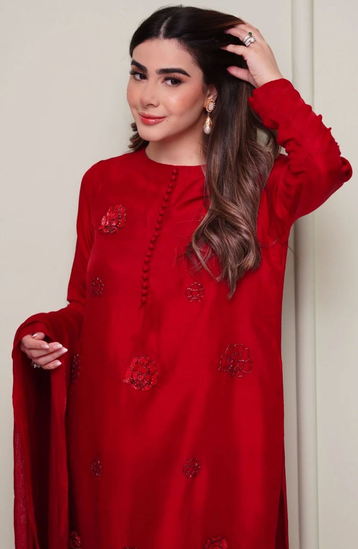 Luna Edit By Hues Atelier Embroidered Korean Raw Silk Stitched 3 Piece - Red Rosette - HA25L - Festive Collection