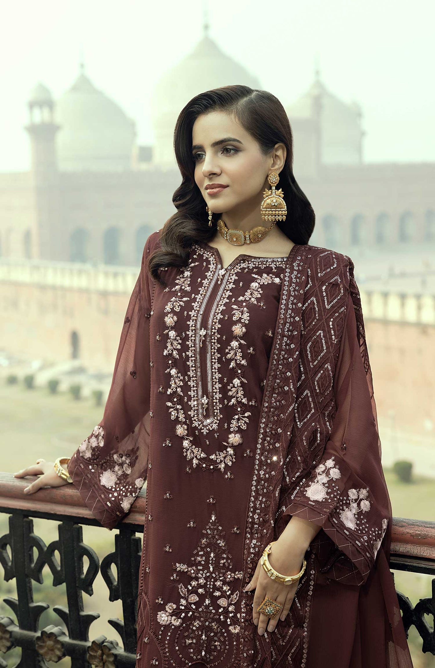 Shamooz Embroidered Chiffon Stitched 3 Piece - SEM-0775 Ecru - Brown - Festive Collection