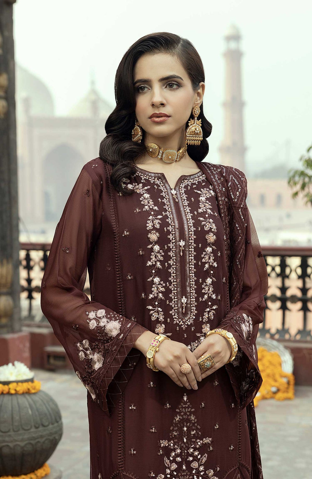 Shamooz Embroidered Chiffon Stitched 3 Piece - SEM-0775 Ecru - Brown - Festive Collection