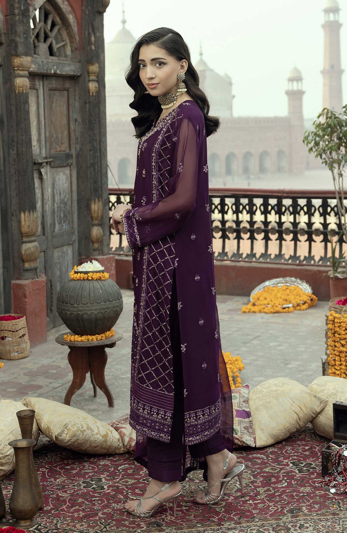 Shamooz Embroidered Chiffon Stitched 3 Piece - SEM-0776 Indigo - Purple - Festive Collection