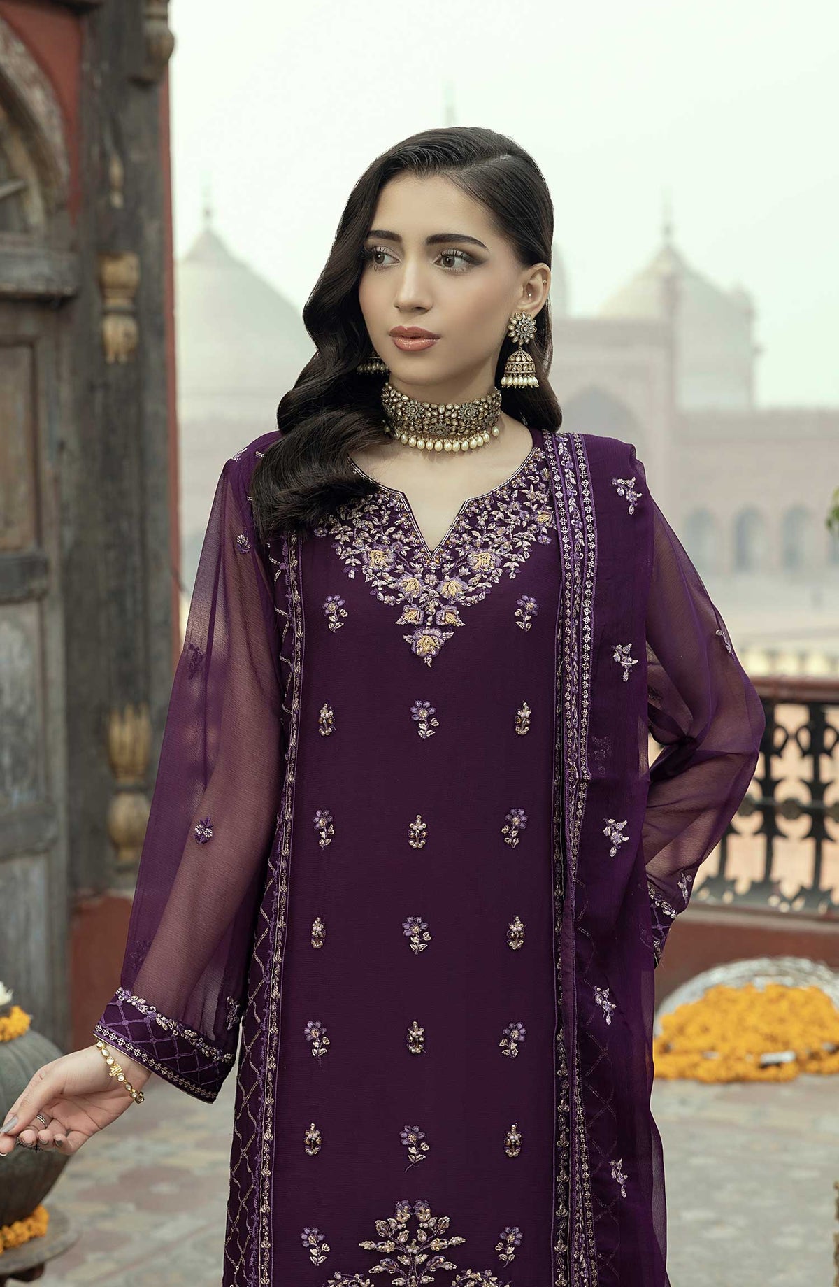 Shamooz Embroidered Chiffon Stitched 3 Piece - SEM-0776 Indigo - Purple - Festive Collection