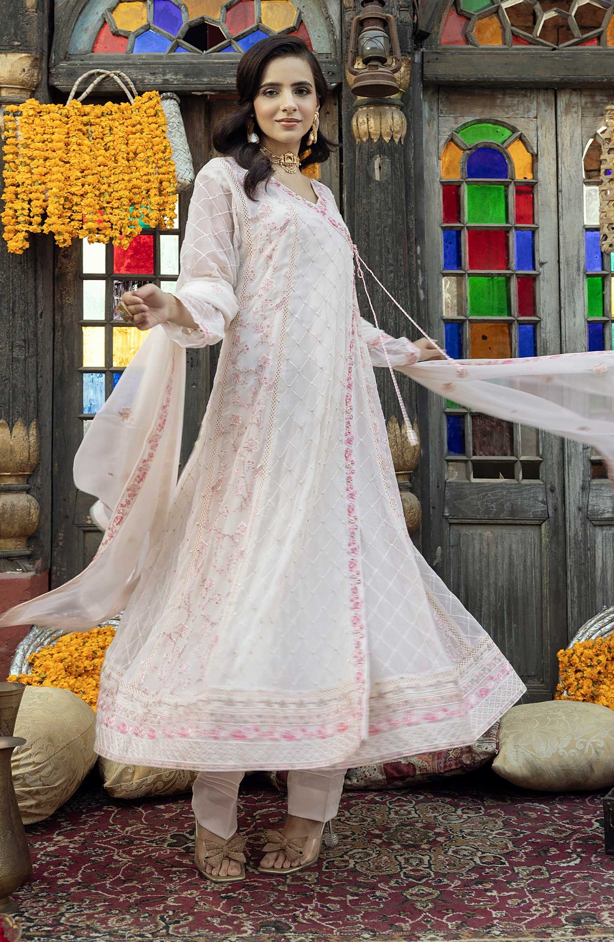 Shamooz Embroidered Chiffon Stitched 3 Piece - SEM-0777 Daisy White - White - Festive Collection