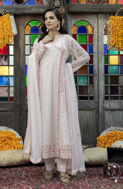 Shamooz Embroidered Chiffon Stitched 3 Piece - SEM-0777 Daisy White - White - Festive Collection