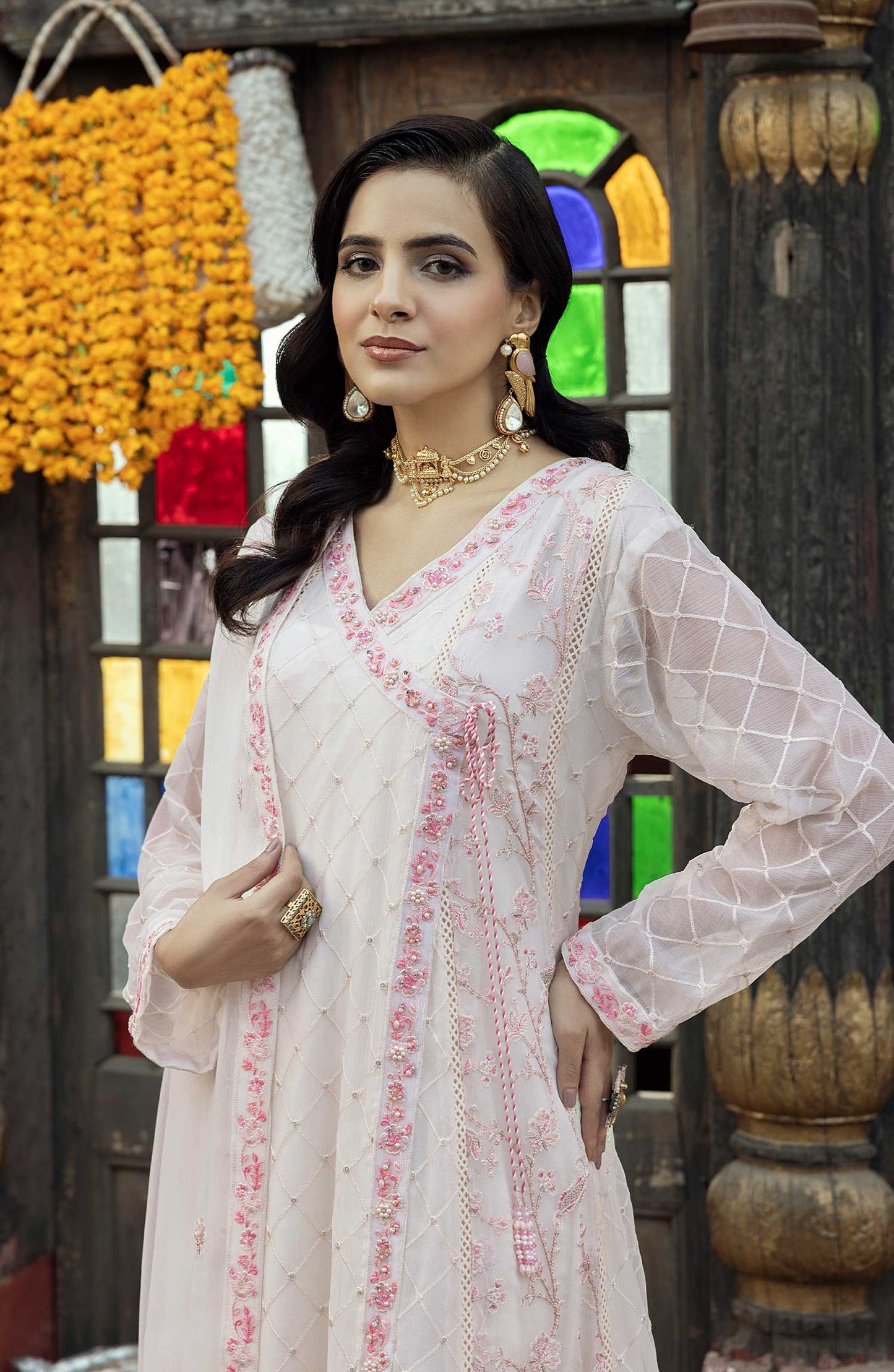 Shamooz Embroidered Chiffon Stitched 3 Piece - SEM-0777 Daisy White - White - Festive Collection