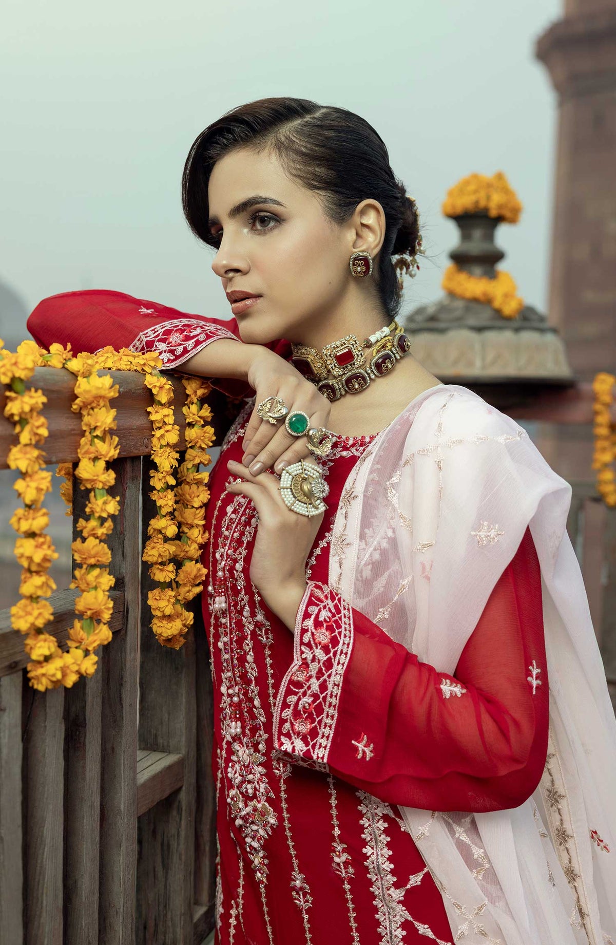 Shamooz Embroidered Chiffon Stitched 3 Piece - SEM-0779 Crimson - Red - Festive Collection