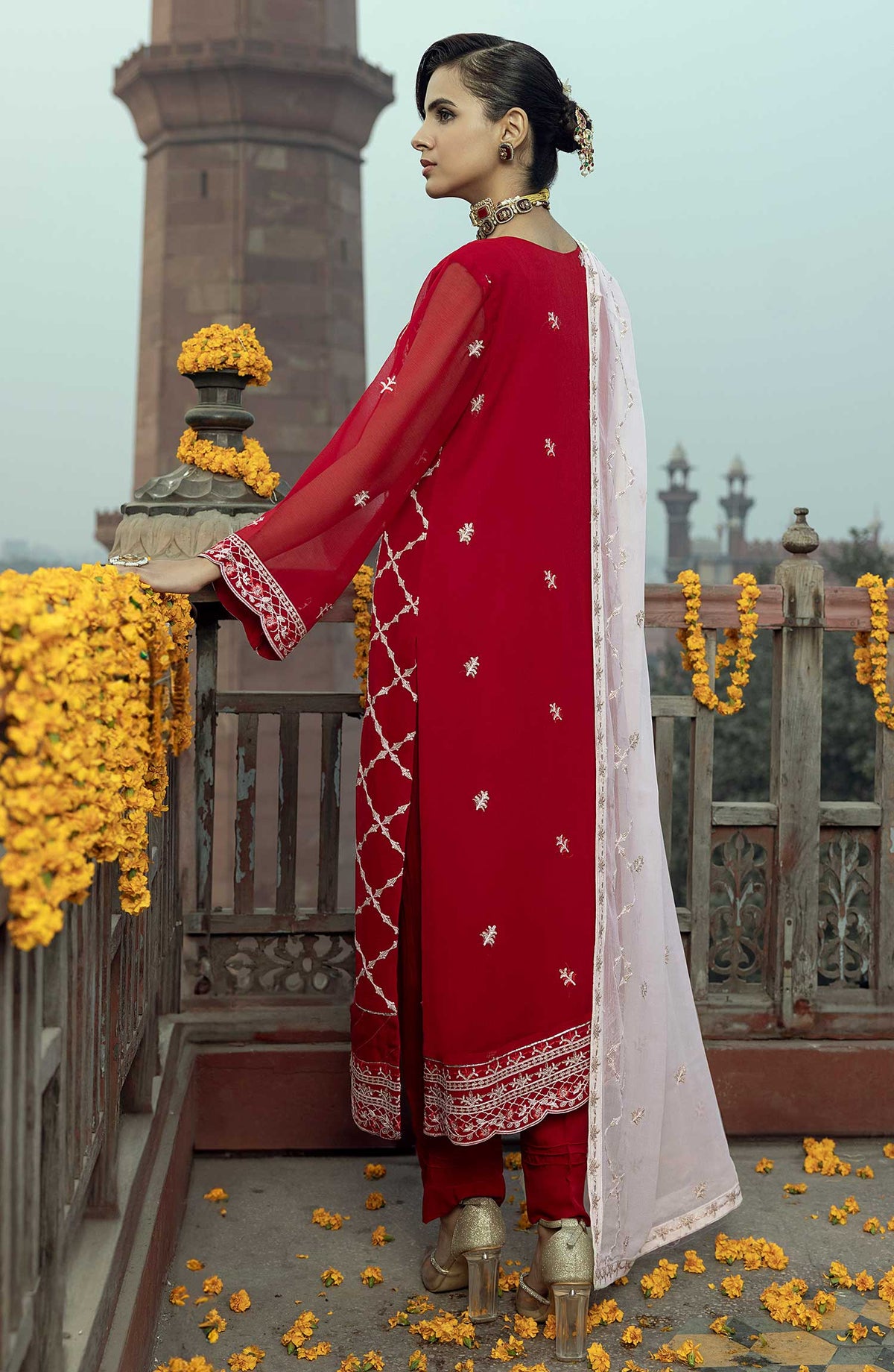 Shamooz Embroidered Chiffon Stitched 3 Piece - SEM-0779 Crimson - Red - Festive Collection