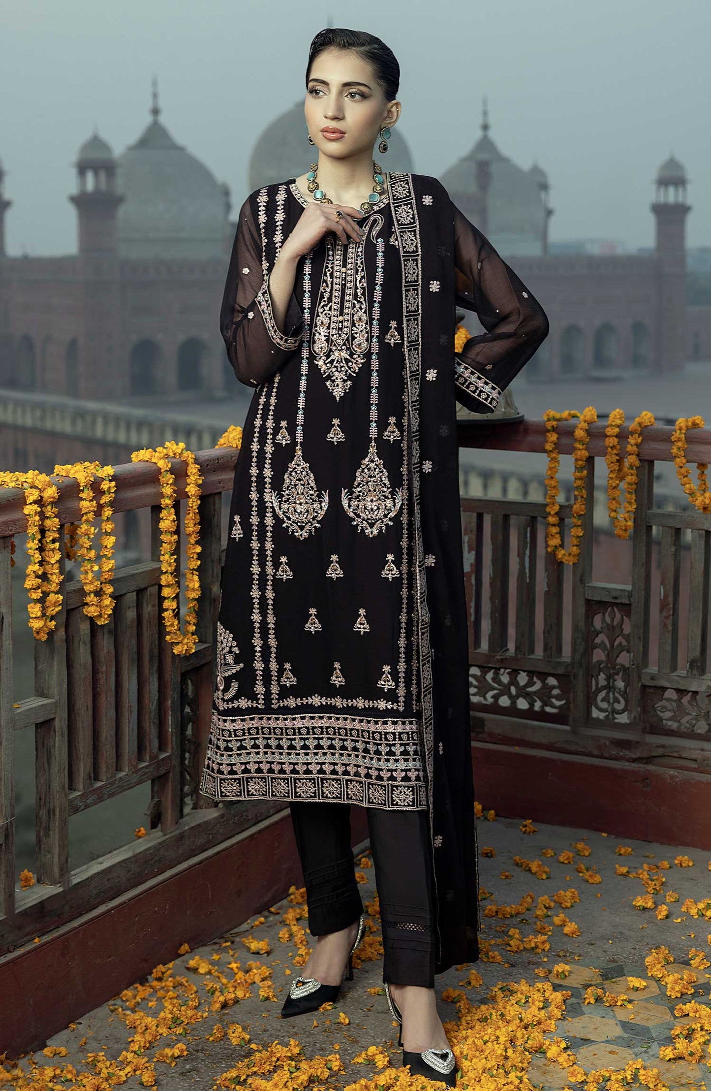 Shamooz Embroidered Chiffon Stitched 3 Piece - SEM-0780 Galaxy Black - Black - Festive Collection