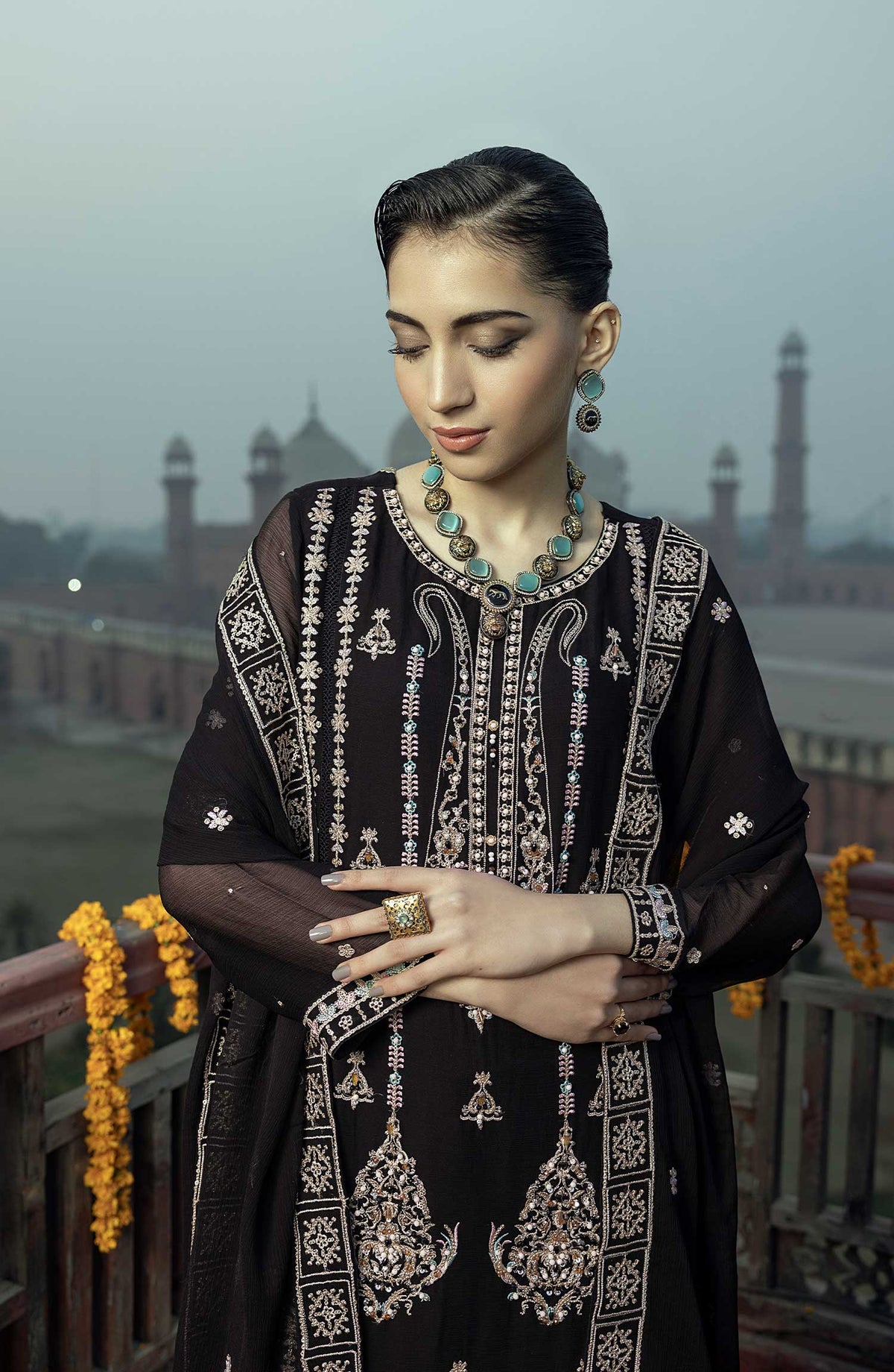 Shamooz Embroidered Chiffon Stitched 3 Piece - SEM-0780 Galaxy Black - Black - Festive Collection