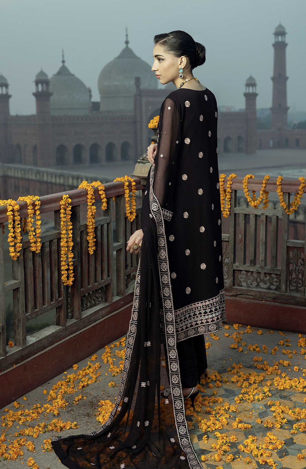 Shamooz Embroidered Chiffon Stitched 3 Piece - SEM-0780 Galaxy Black - Black - Festive Collection