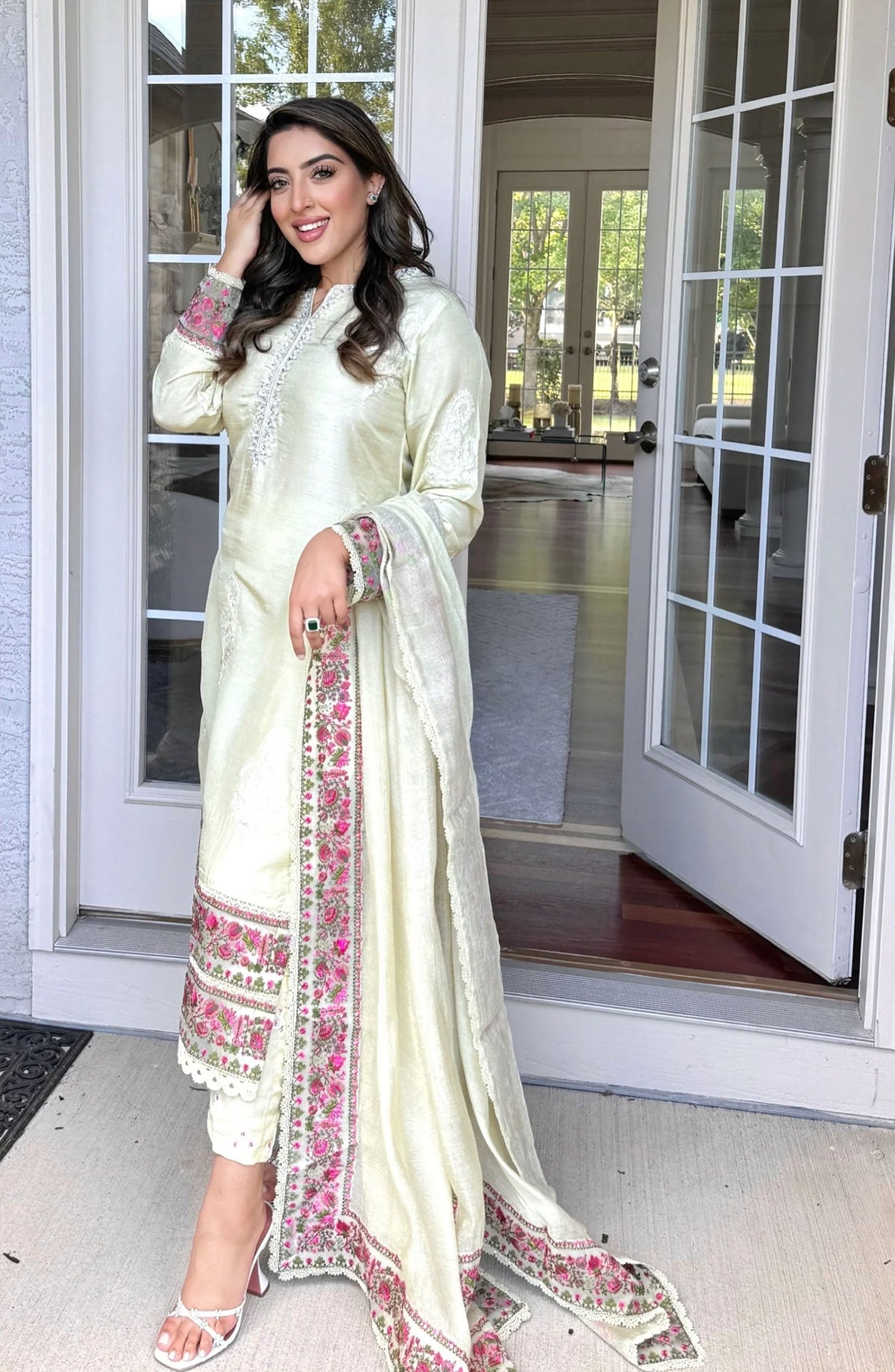 Luna Edit By Hues Atelier Embroidered Korean Raw Silk Stitched 3 Piece - Sira Off White - HA25L - Festive Collection