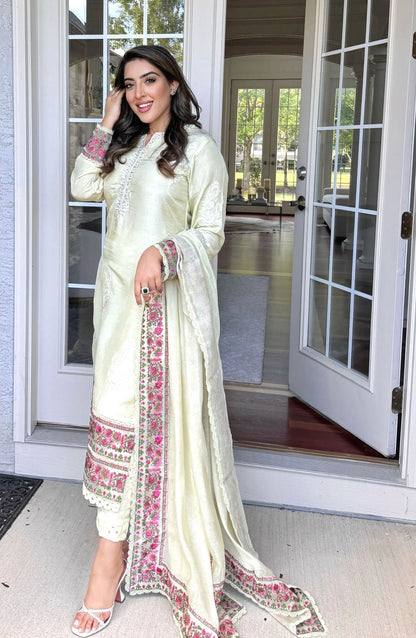 Luna Edit By Hues Atelier Embroidered Korean Raw Silk Stitched 3 Piece - Sira Off White - HA25L - Festive Collection