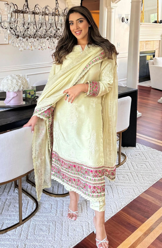 Luna Edit By Hues Atelier Embroidered Korean Raw Silk Stitched 3 Piece - Sira Off White - HA25L - Festive Collection