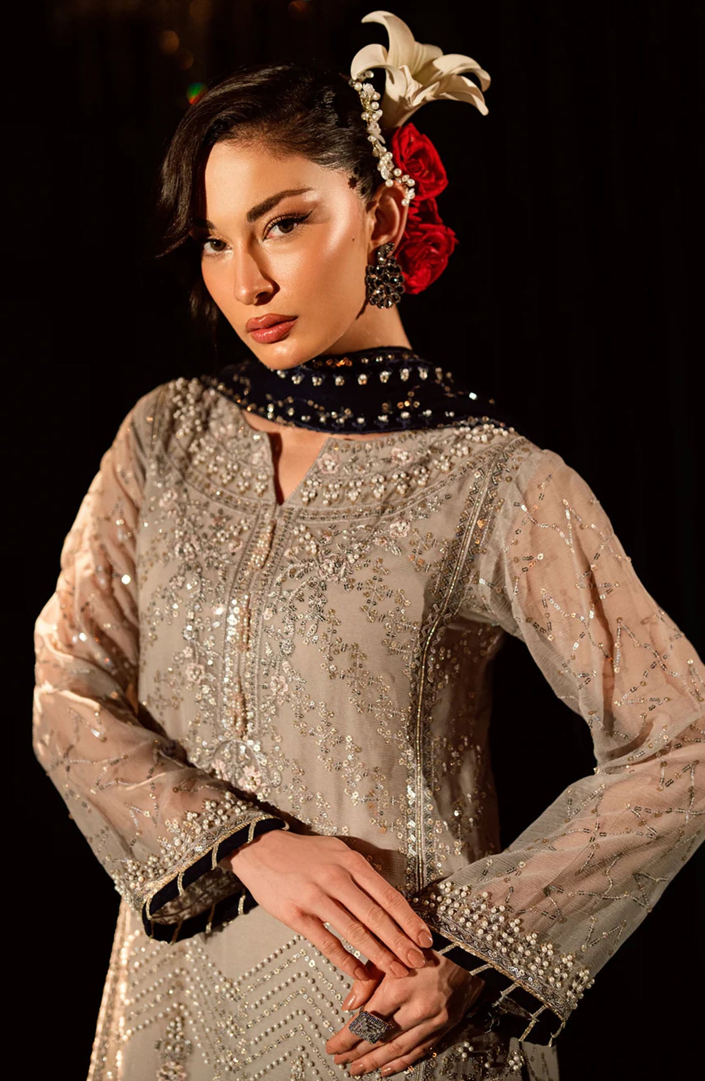 Elara by Shamooz Embroidered Chiffon Unstitched 3 Piece Suit - SU-0122 Kubra - SMZ25EF - Grey - Festive Collection