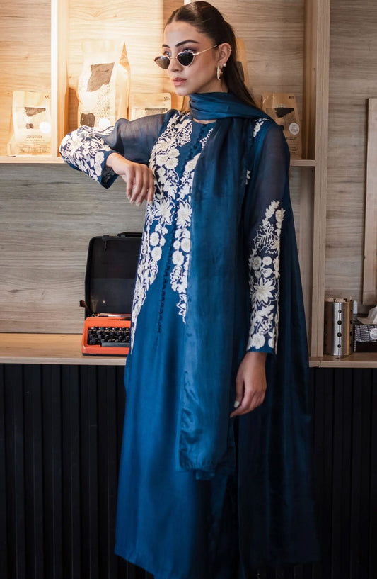 Luna Edit By Hues Atelier Embroidered Khaadi Net Stitched 3 Piece - Teal Blue Fit - HA25L - Festive Collection