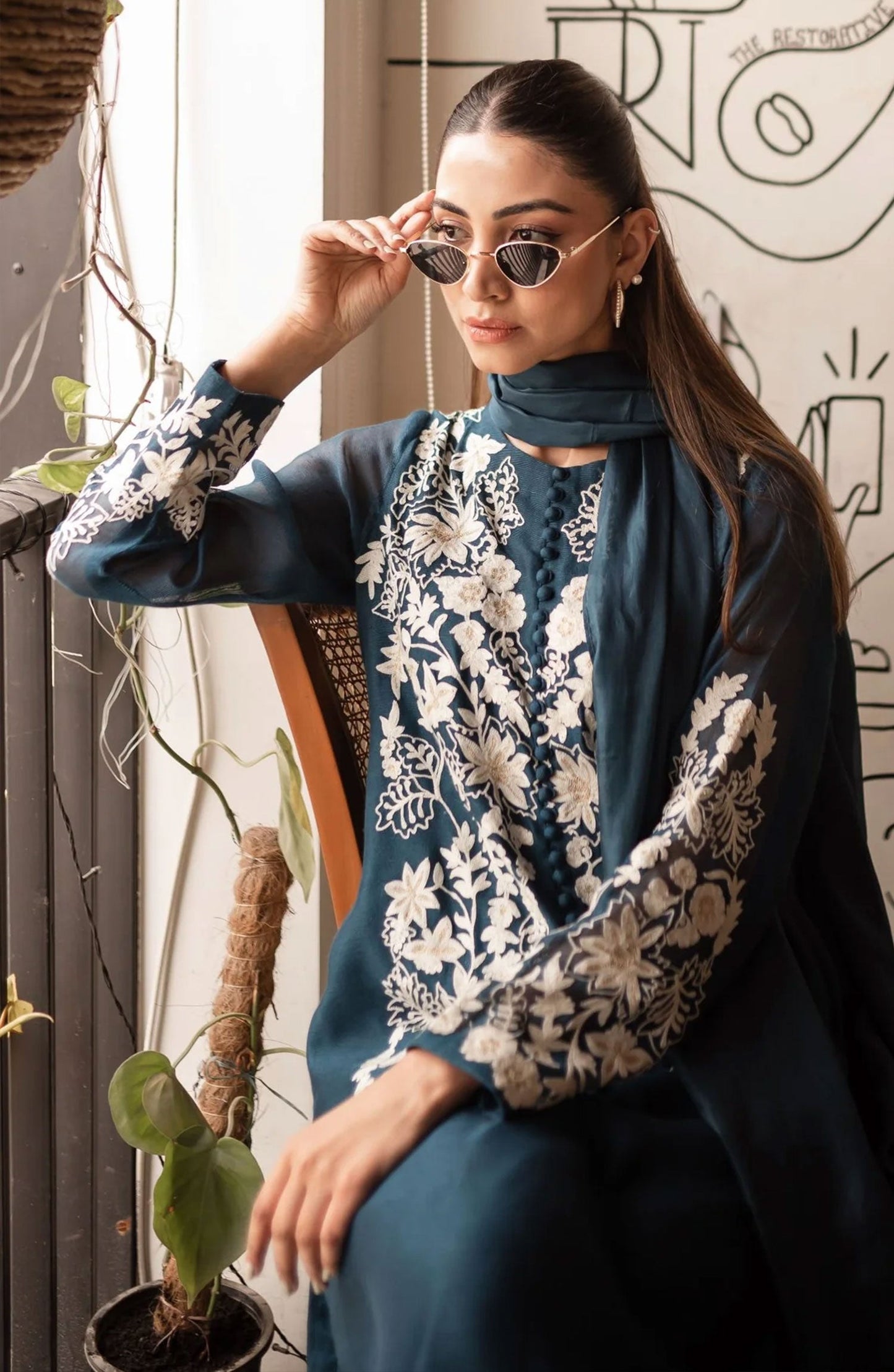 Luna Edit By Hues Atelier Embroidered Khaadi Net Stitched 3 Piece - Teal Blue Fit - HA25L - Festive Collection