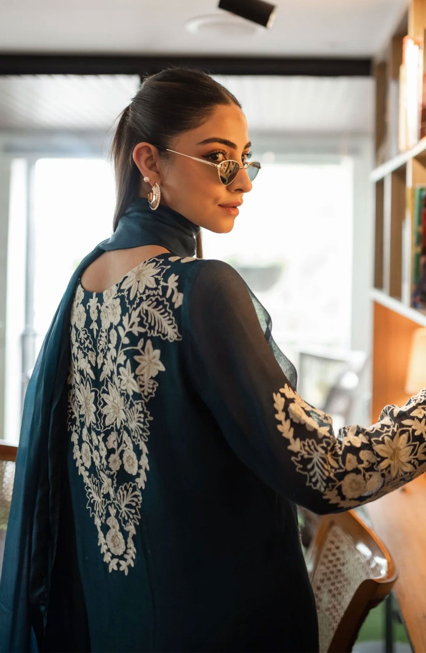 Luna Edit By Hues Atelier Embroidered Khaadi Net Stitched 3 Piece - Teal Blue Fit - HA25L - Festive Collection