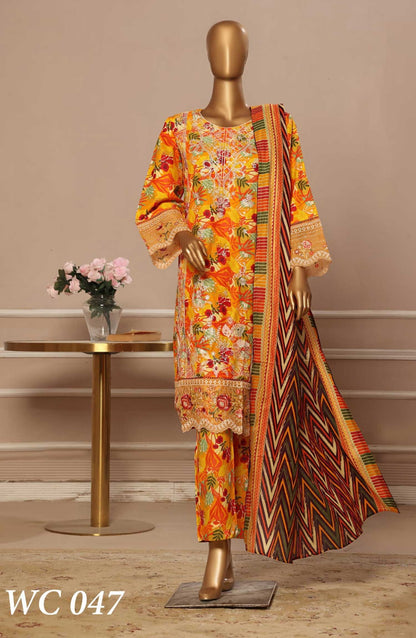 Bin Saeed Embroidered Lawn Stitched 3 Piece Suit - WC 047 - BS25EElV3 - Yellow - Summer Collection