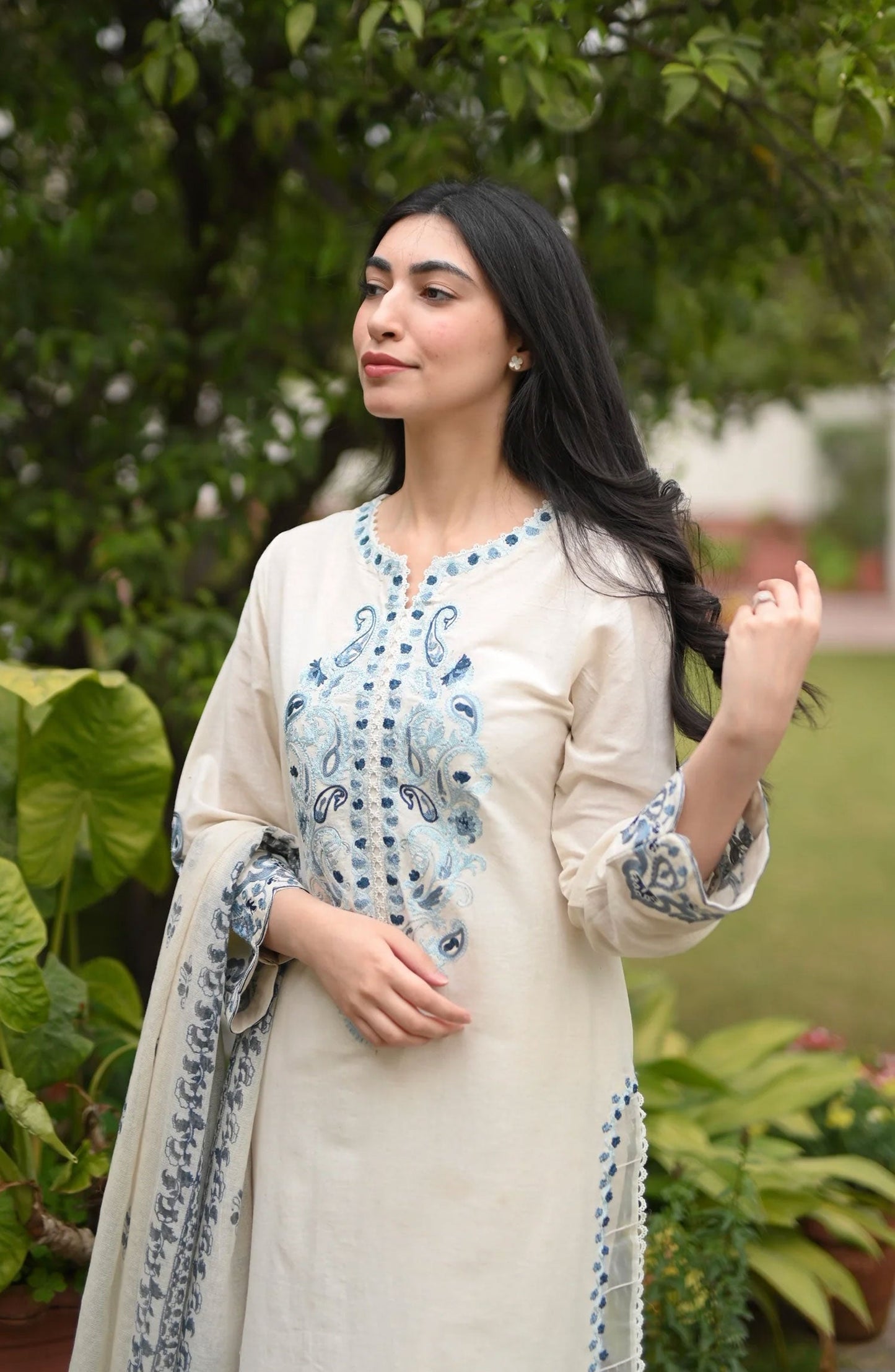 Hues Atelier Casual Cotton Net Stitched 2 Piece - White Ceramic - HA25BP - White - Casual Collection