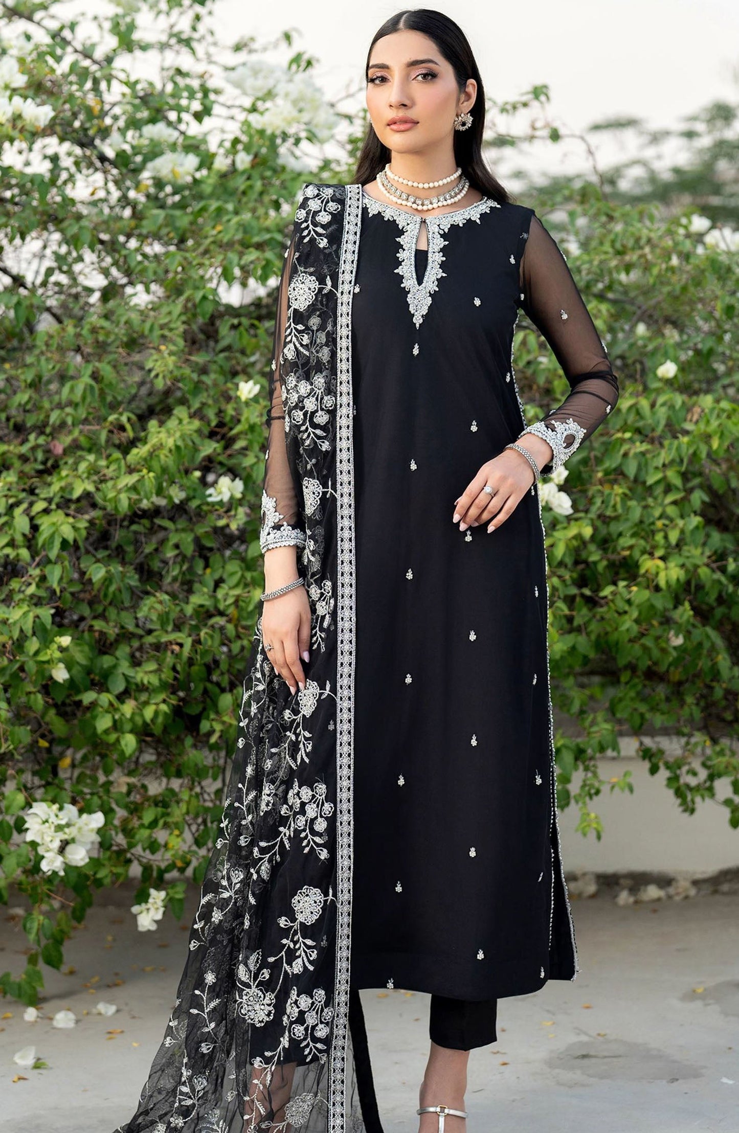 Arzou by Zarif Embroidered Net Unstitched 3 Piece Suit - UNST-HW-05 Clara - ZRF25ARUF - Black - Fromal Collection