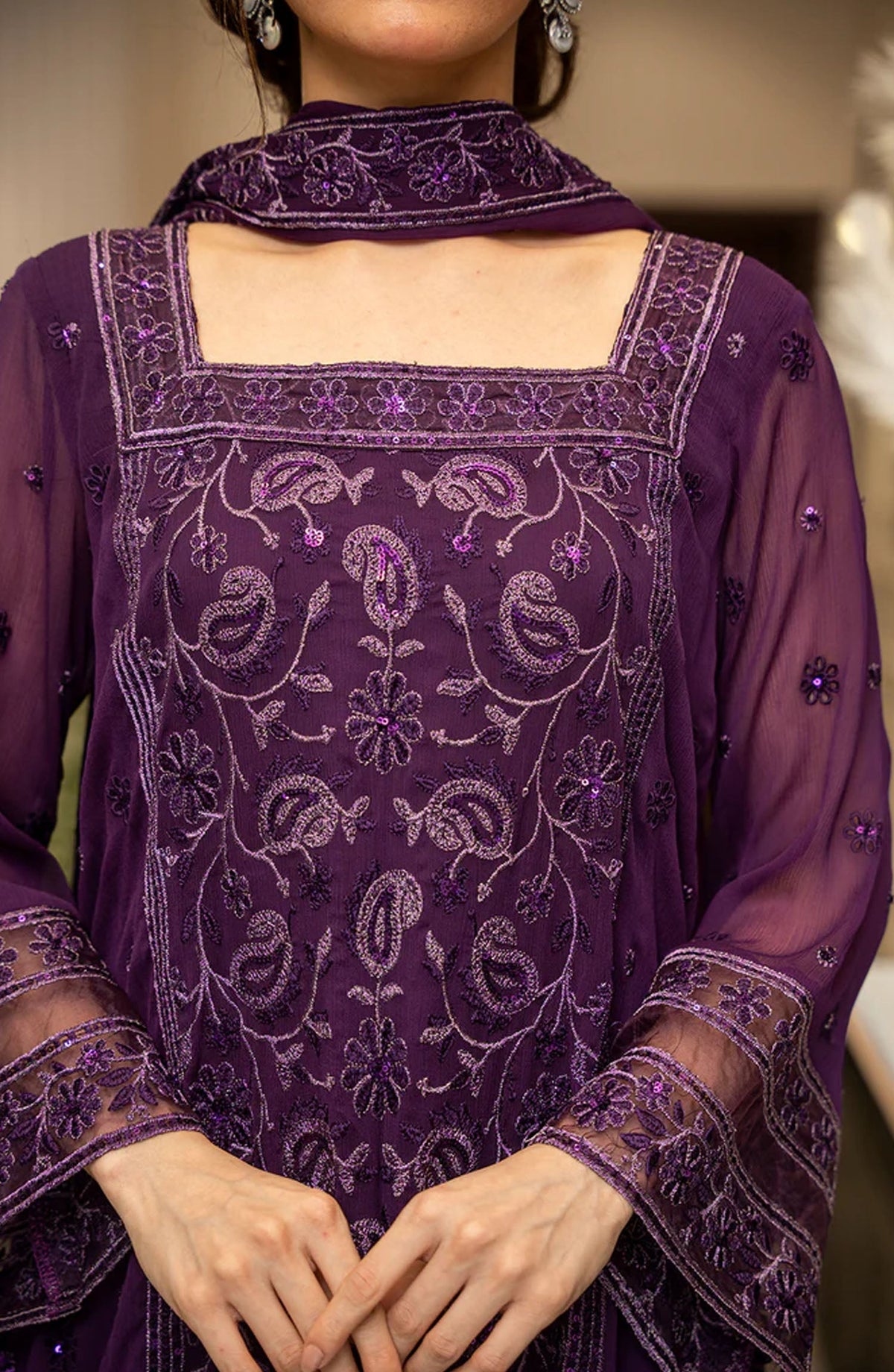 Zouj Embroidered Chiffon Unstitched 4 Piece Suit - Violet Viel - ZJ25EUCE - Purple - Festive Collection