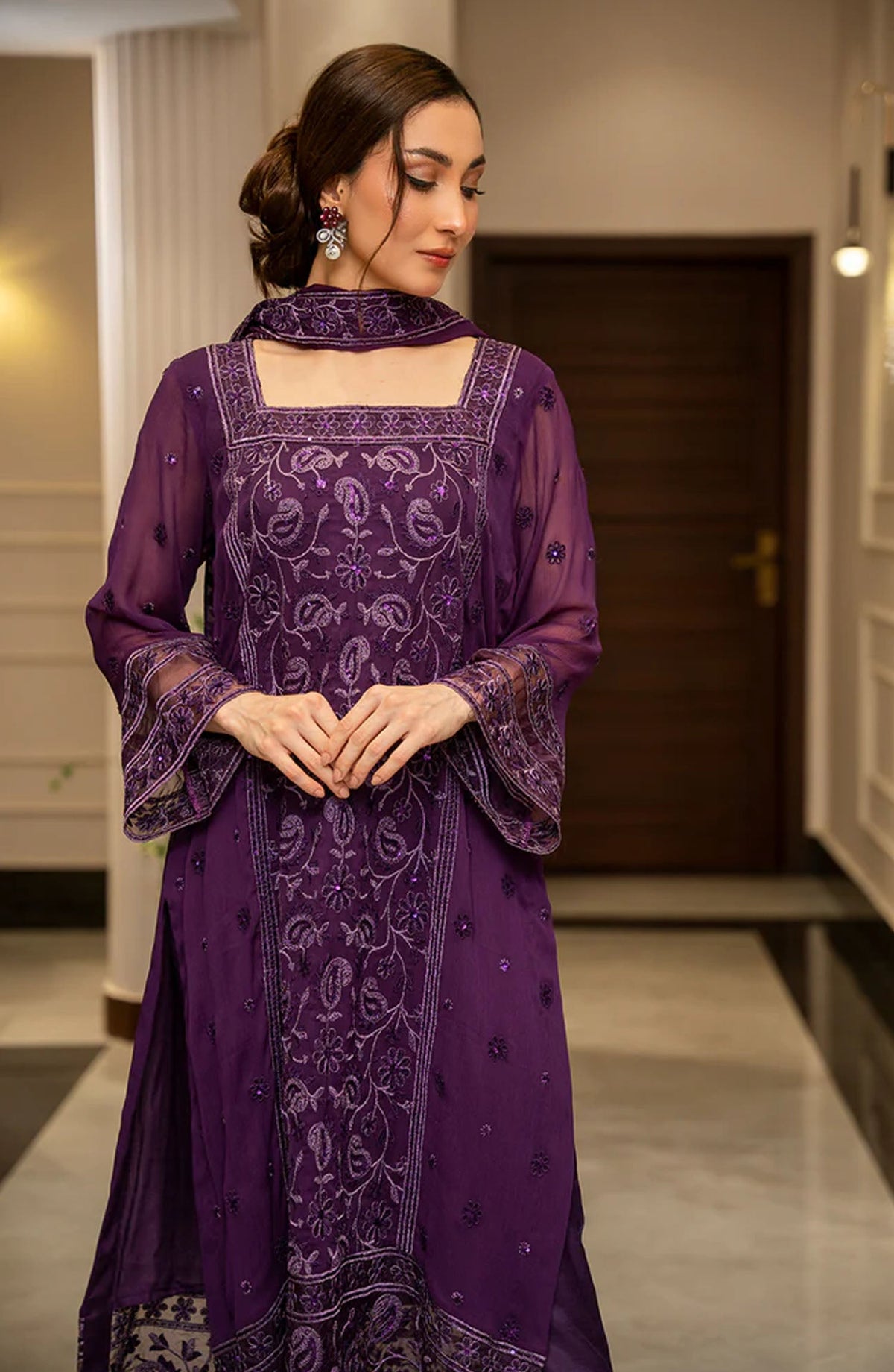 Zouj Embroidered Chiffon Unstitched 4 Piece Suit - Violet Viel - ZJ25EUCE - Purple - Festive Collection